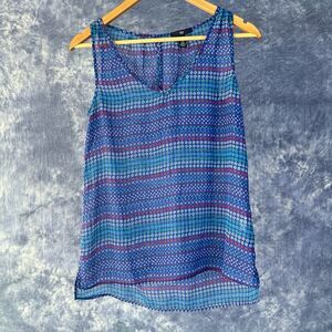 Gap Sheer Sleeveless VNeck Blouse Top Blue Red White Geometric Keyhole Sz XS